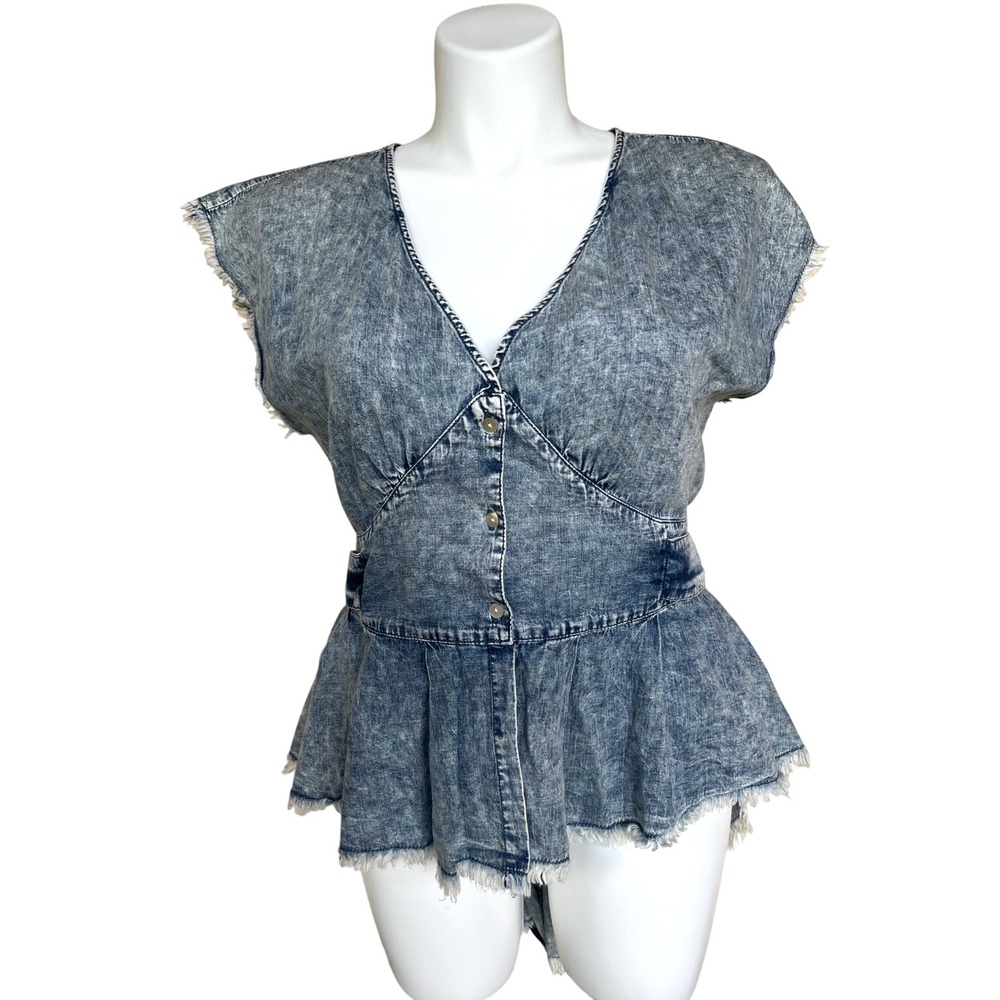 Scully 100% Cotton Peplum Lightweight Denim Blue Top Long Back Prairie Size L